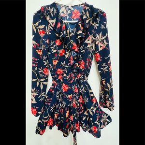 A short Dress, Deep Blue with red and orange floral print. Small in Size